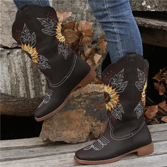 NEW Women's Sunflower Cowgirl Boots, Square Toe Western Embroidery Mid Calf - Picture 7 of 7